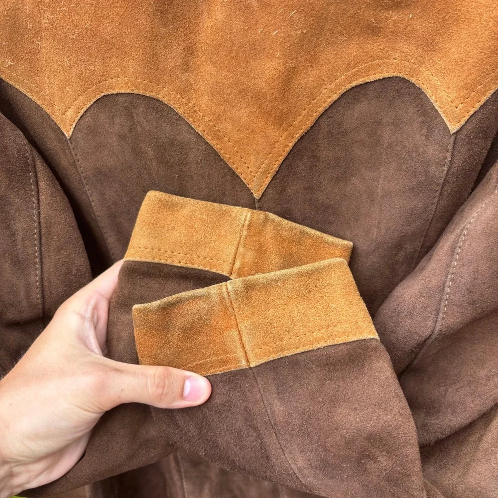 Quintal Suede Western Jacket Mens 40 Brown Tan Vintage Cowboy Scalloped Yoke